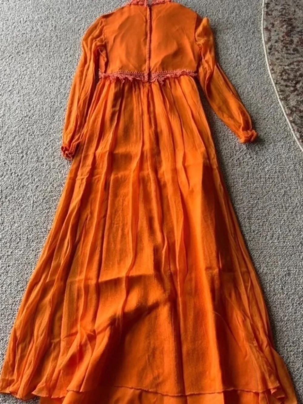 Vintage 70s Orange Prairie Maxi Dress Boho Cottagecore Lace Glam Ren Fair XS - Picture 7 of 16